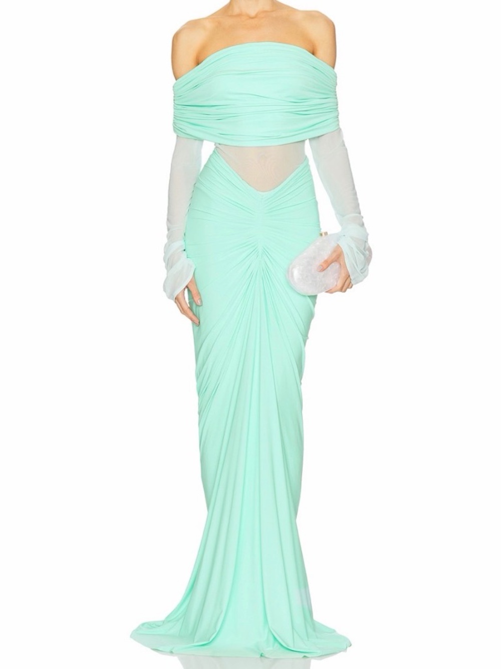 Off-Shoulder Mint Green Draped Evening Dress